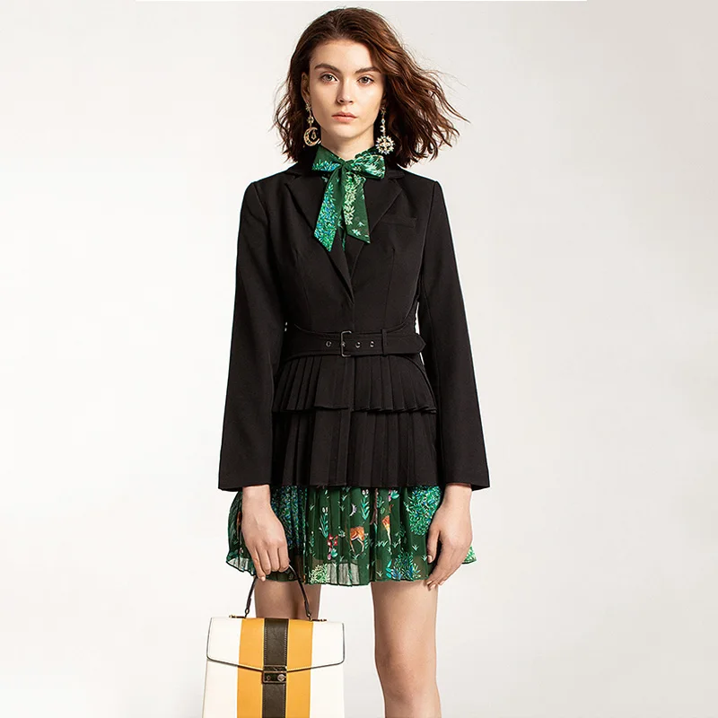 

Charming Look Style Elegant Runway Women Fashion Dress Suits Black Blazer Flower Printing Dress Slim Twin Sets Outfits