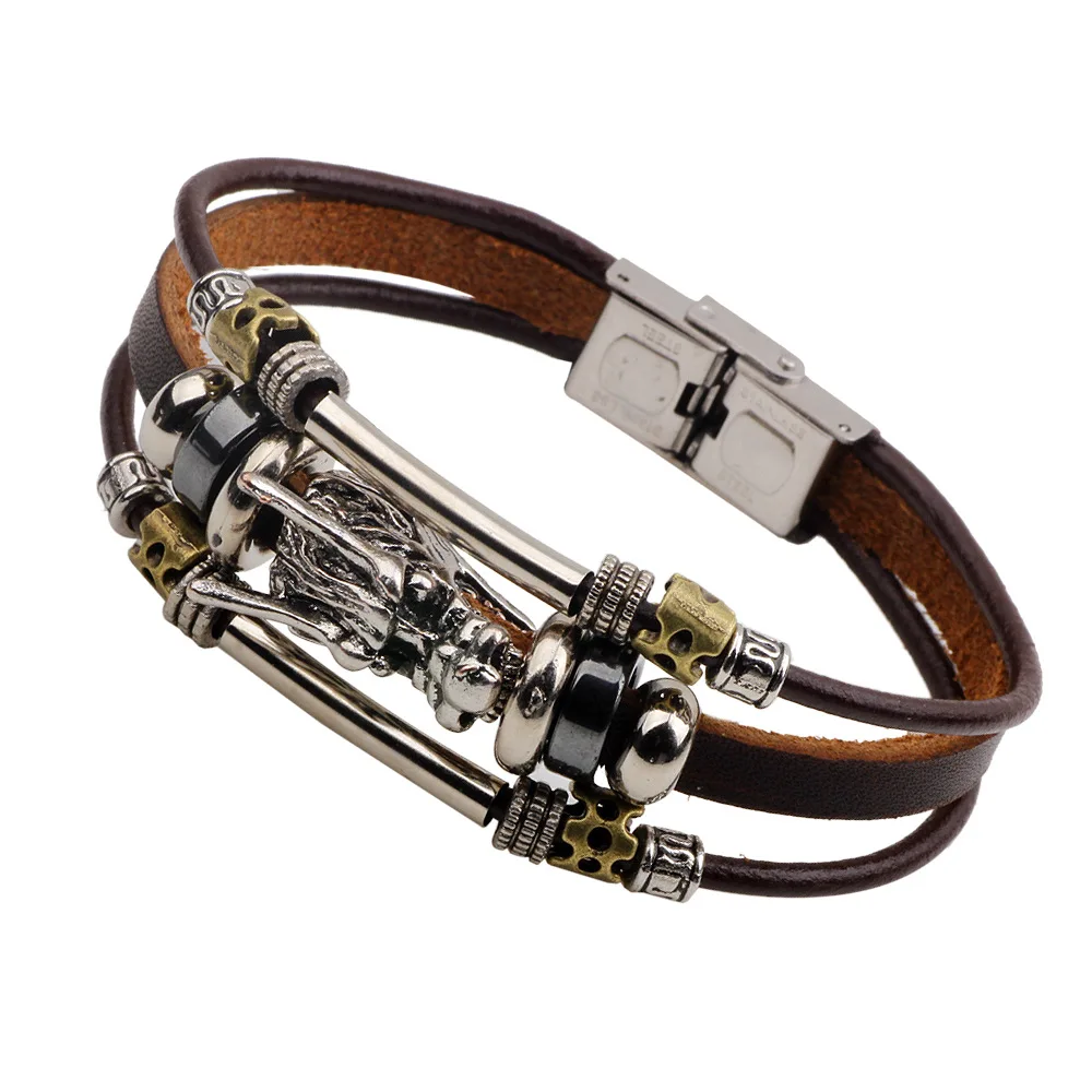 Male Cool Triple Strands Genuine Leather Bracelet Chinese Dragon Head