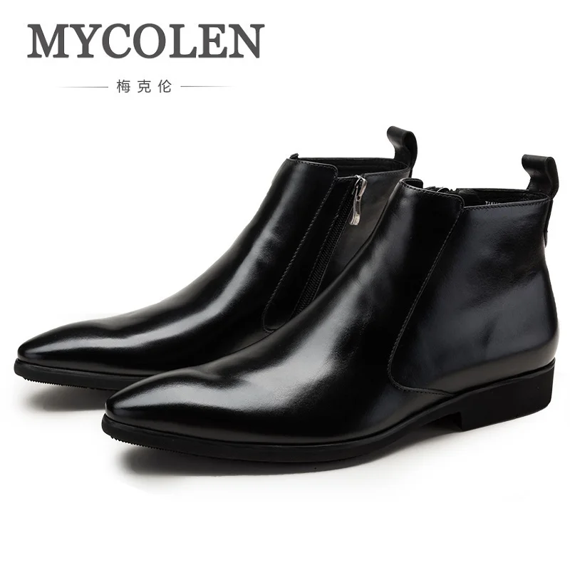 

MYCOLEN Autumn Winter New Mens Genuine Leather Chelsea Boots Fashion Business Pointed Toe Zip Ankle Boots High Top Men Shoes