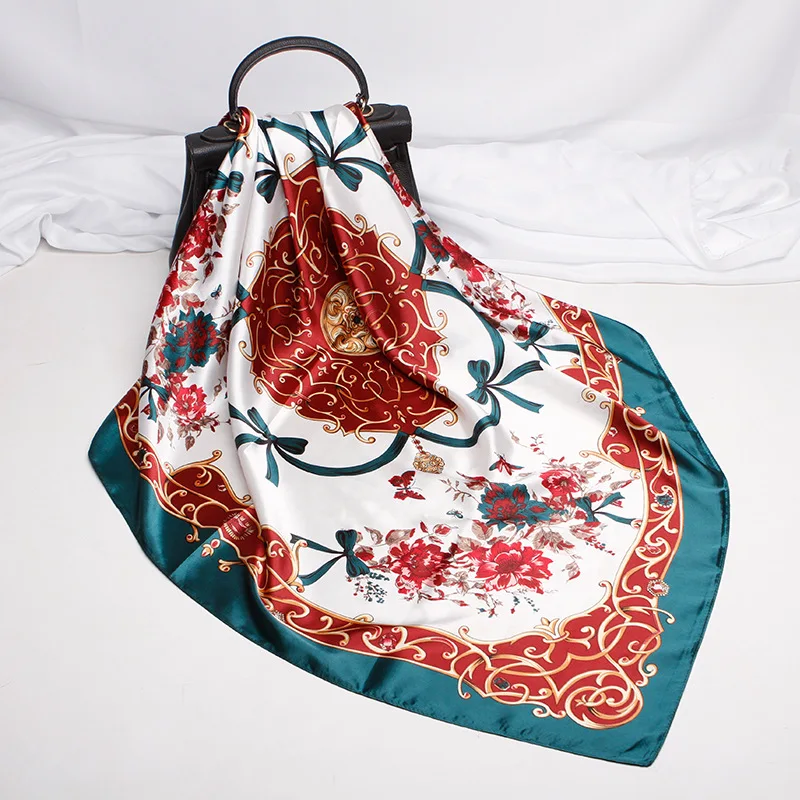 

Fashion Kerchief Hair Scarf For Women Print Silk Satin Hijab Scarfs 90*90cm Square Neckerchief Headband Scarves For Ladies 2019