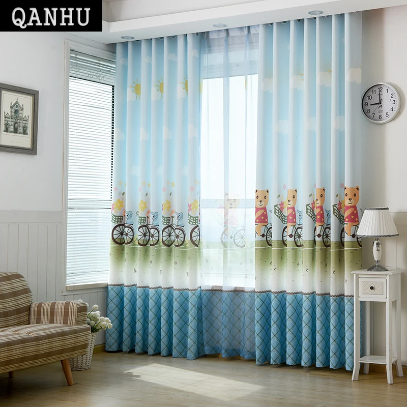 

QANHU Romantic Mediterranean style Cute bear Cartoon pattern 100% polyester Blackout Curtain Curtains for the Bedroom plf-13