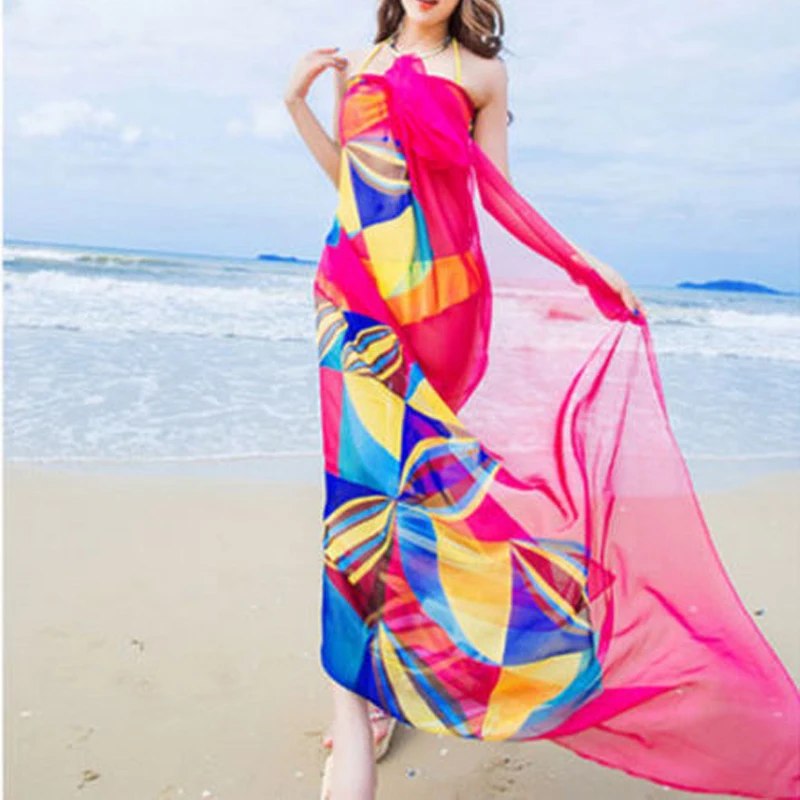 swimsuit cover beach cover Women Flower Print Chiffon Bikini Cover Up Beach Swimwear Dress Scarf Pareo Sarong Wrap