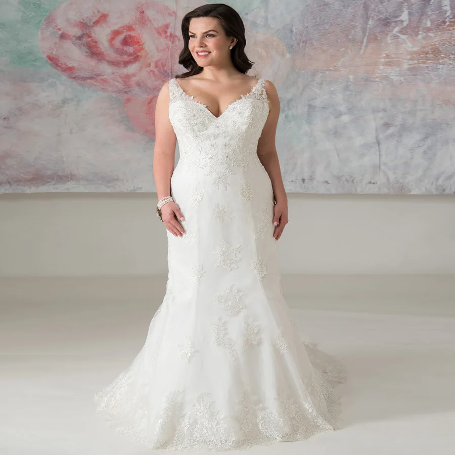 

Elegant Plus Size V-neck Wedding Dresses Mermaid Vestidos De Novia Cap Sleeve Beading Tulle Bridal Gowns For Bride 2019