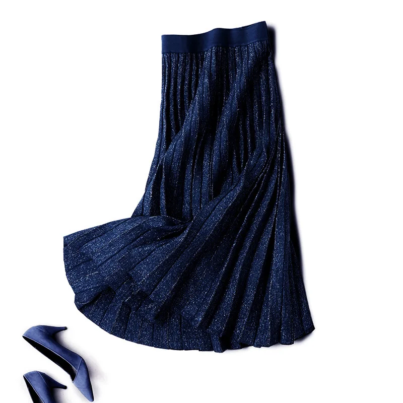 Осенние женские вязаные длинные юбки с высокой талией винтажные блестящие женские зимние черные синие длинные плиссированные юбки Saia Faldas женские - Цвет: Синий