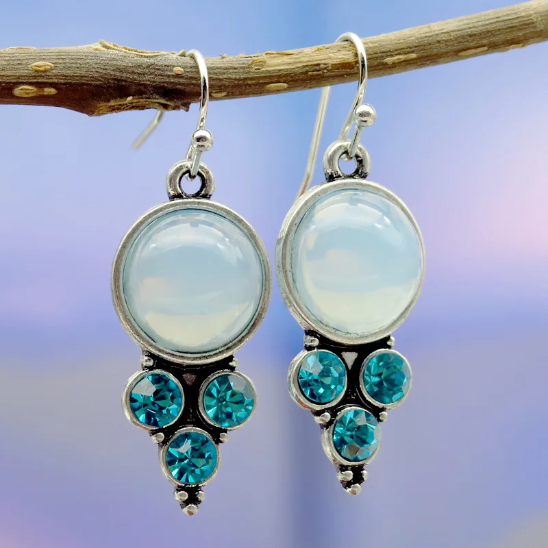 

8Seasons Vintage Long Natural Moonstone Round Blue Rhinestone Female Dangle Earrings Wedding Party Drop Earrings Fashion Jewelry