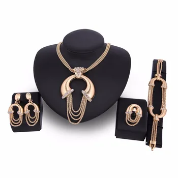 

OUHE Gold Color Chain Pendant Brilliant Earring Bracelet Ring Jewelry Set For Wedding brides Party Engagement