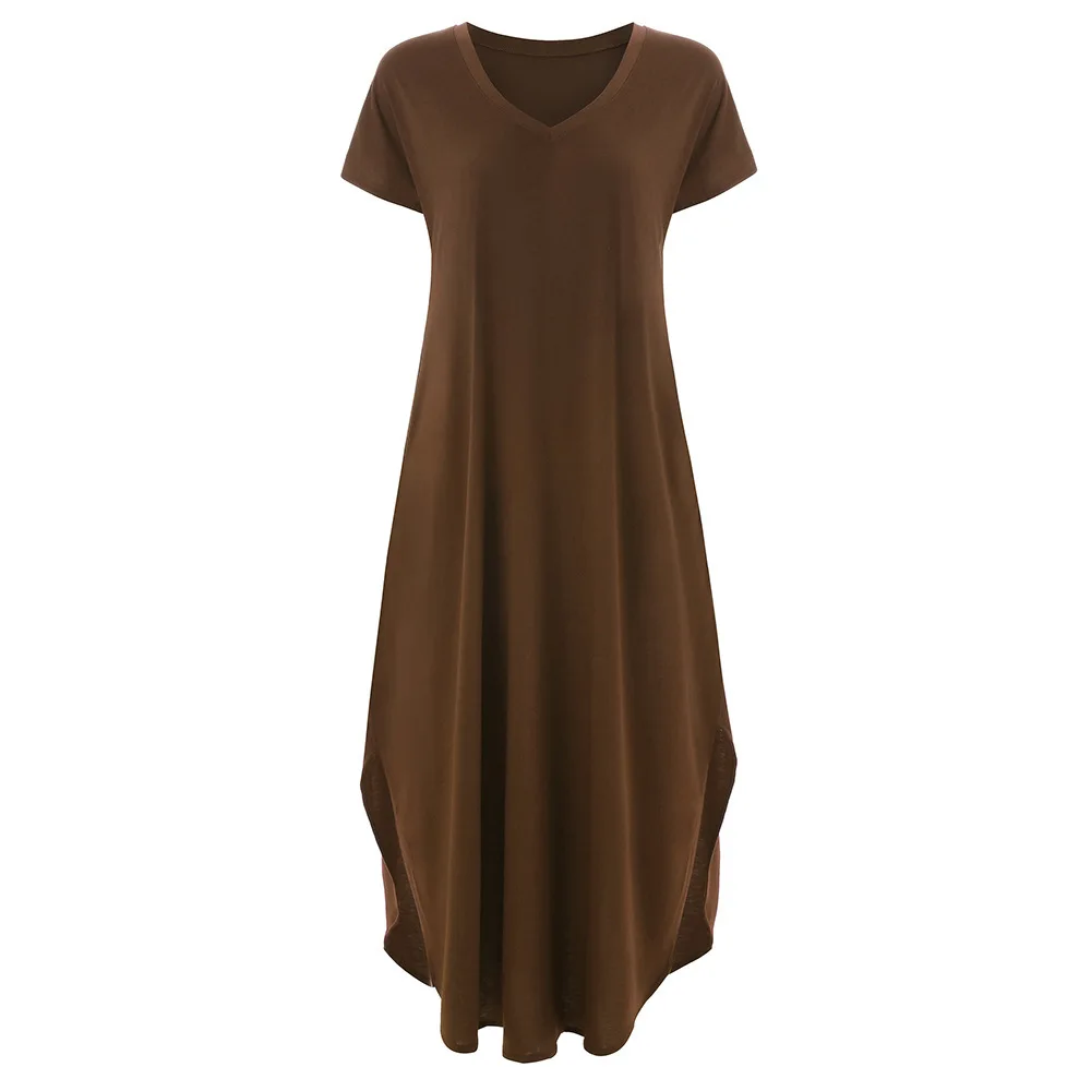 Женское повседневное Свободное длинное платье с карманами, женское платье с коротким рукавом, женское платье-футболка, однотонное винтажное платье с v-образным вырезом