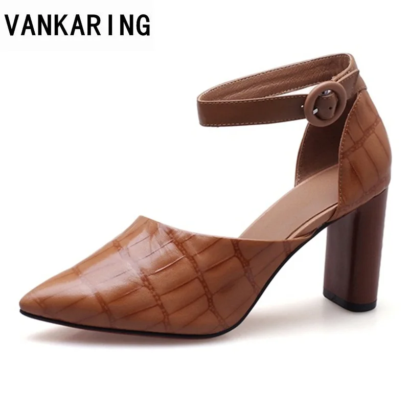 

VANKARING genuine leather women shoes high heels pointed toe black platform shoes ladies office dress party woman pumps shoes
