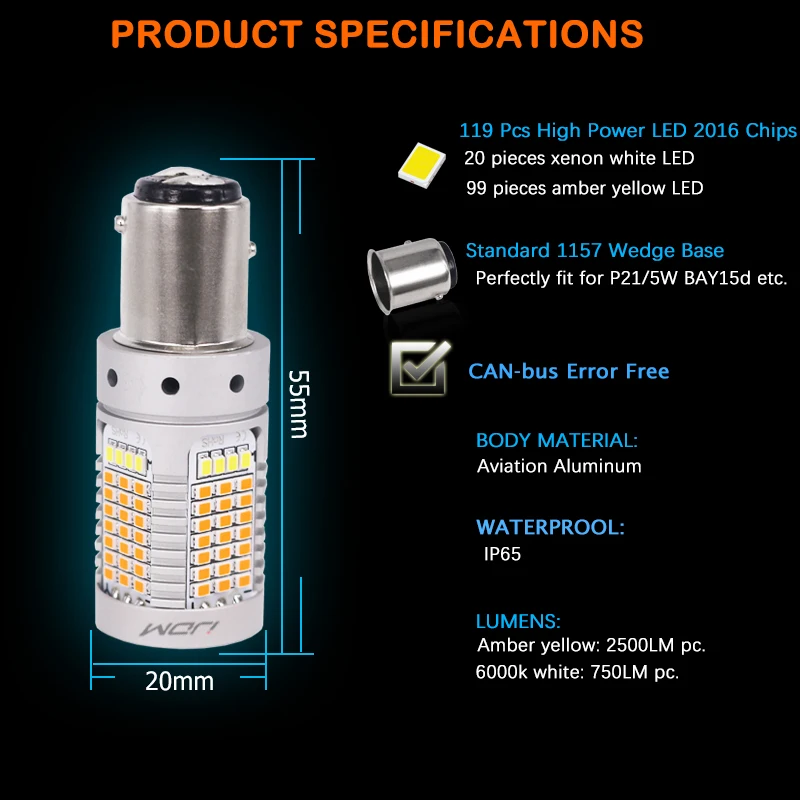 IJDM CANbus Нет Hyper Flash 1157 светодиодный P21/5 Вт BAY15d белый/желтый светодиодный лампы для 13-17 Accord Sedan дневные ходовые огни/указатель поворота, лидер продаж