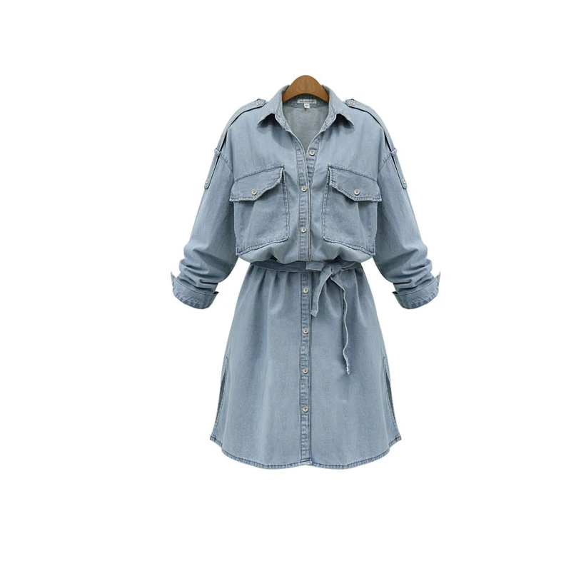 Summer Plus Size Denim Dress For Women Long Sleeves Denim Dresses Turn-Down Collar Slim Buttons Up Blue Jeans Dresses For Women