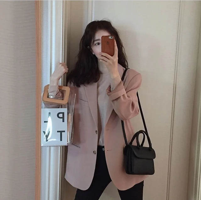 Pink Jacket For 2018 Fashion Autumn Chic Long Sleeve Suit Loose Women Coat