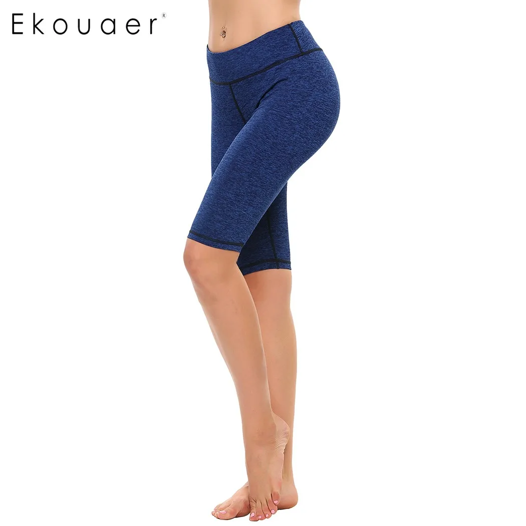 Ekouaer женские, для спорта, йоги, короткие, новые, тонкие, со средней талией, дышащие, эластичные, 3/4 леггинсы, женские, для бега, спортивные шорты