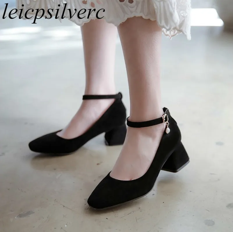 

Women Pumps Shoes High Heel Flock Square Toe Pearl Buckle 2018 Summer New Sweet Fashion Casual Wedding Office Dress Black Pink