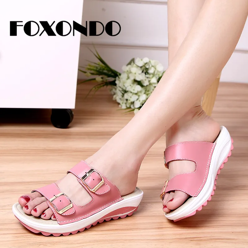 

FOXONDO 2019Summer Women Leather Flat Sandals Shoes Slippers Slip-on Comfortable Slides Sandals Flip Flops Female Flipflops Shoe