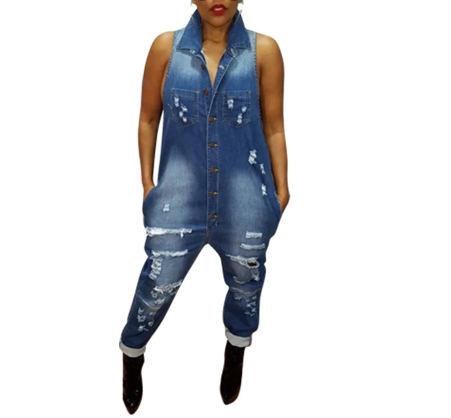 2019 Women Summer Button Jeans Jumpsuit Vintage Sleeveless Denim Jumpsuit Hole Casual Overalls 2019 Women Summer Button Jeans Jumpsuit Vintage Sleeveless Denim Jumpsuit Hole Casual Overalls