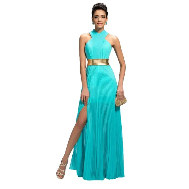 Elegant Aqua Chiffon Gold Ribbon Long Evening Party