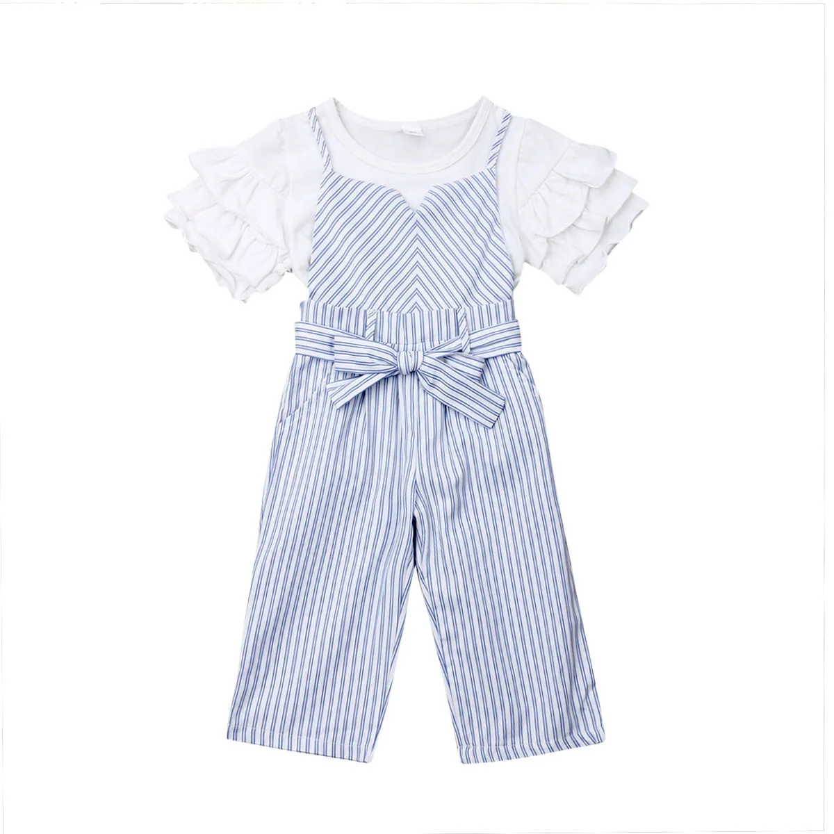 

2019 New Brand Summer Toddler Baby Girl Clothes Short Ruffles Sleeve Top +Striped Romper Overalls 2pcs Outfit Size 2-6Y