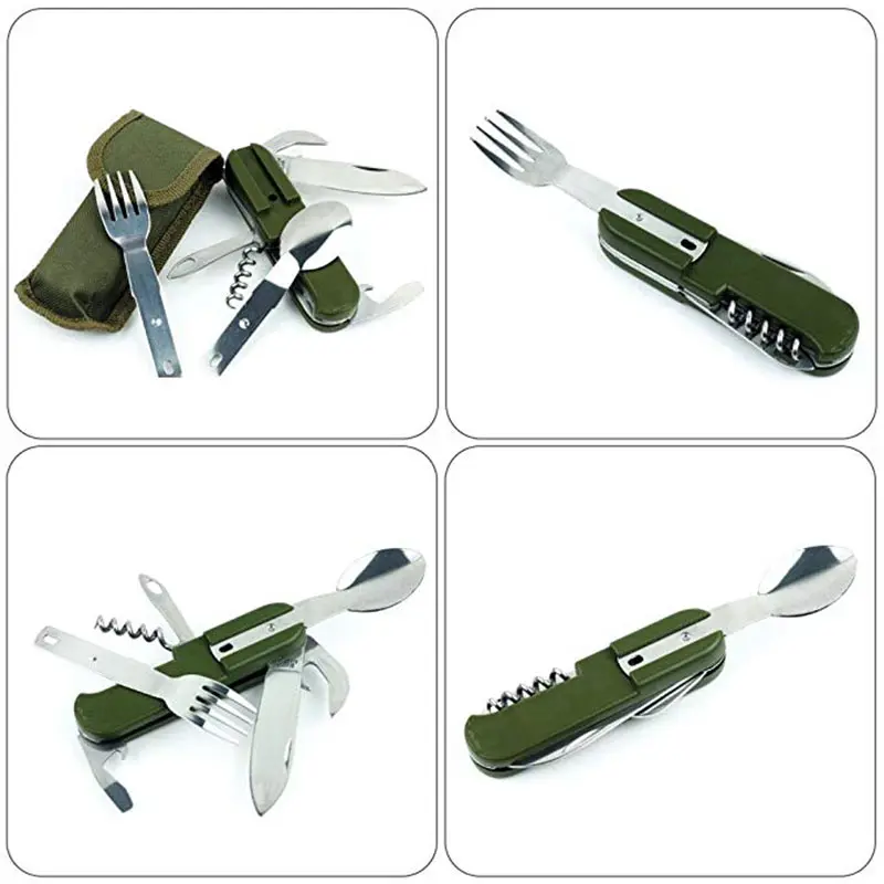 Al aire libre plegable de Camping de vajilla multipropósito con tenedor cuchillo cuchara abrelatas de botella de la lona llevar bolsa de Picnic cubiertos conjuntos