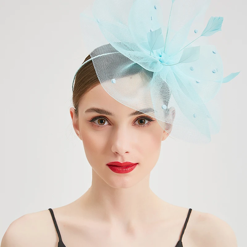 

Elegant Fashion Lady Feather Fascinator Cocktail Hats for Women Wedding Party Church Headwear Mesh Veil Hair Band Fedoras Caps