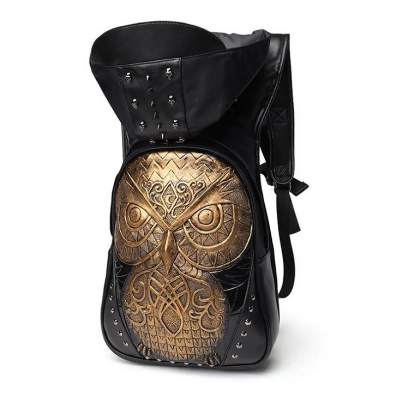 

3D Owl Pattern With a hat Backpack Fashion Rivet Men Shoulder Bag Pu Leather Backpack Travel Bag Hight Capacity Waterproof Cap