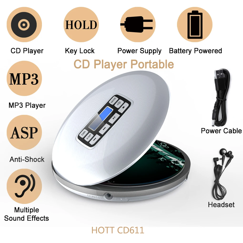 HOTT CD611 Portable Bluetooth CD Player LCD Display Anti Shock CD Music