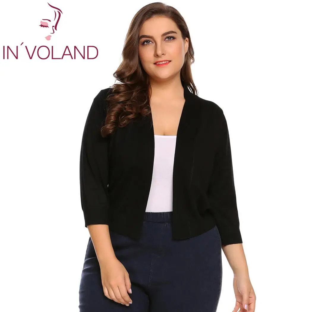 IN'VOLAND размера плюс женский однотонный кардиган больше размера d осенние укороченные вечерние Болеро большой женский свитер кардиган - Цвет: Black