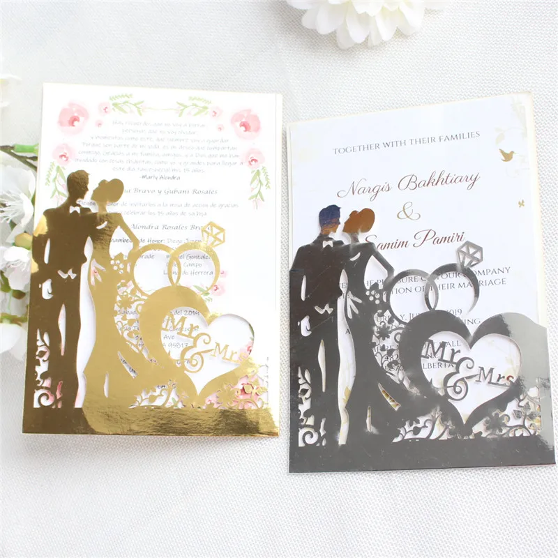 

New couple wedding invitation card metallic paper heart Mr Mrs laser greeting cards offer customizable printing 50pcs