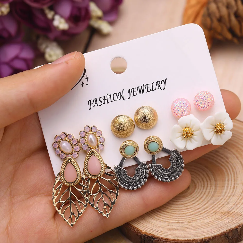 

17IF Fashion Flowers Pearl Earrings Set Mixed With 6 Pairs/Set Luxury Charms Earrings For Women Jewelry Statement Party Gift