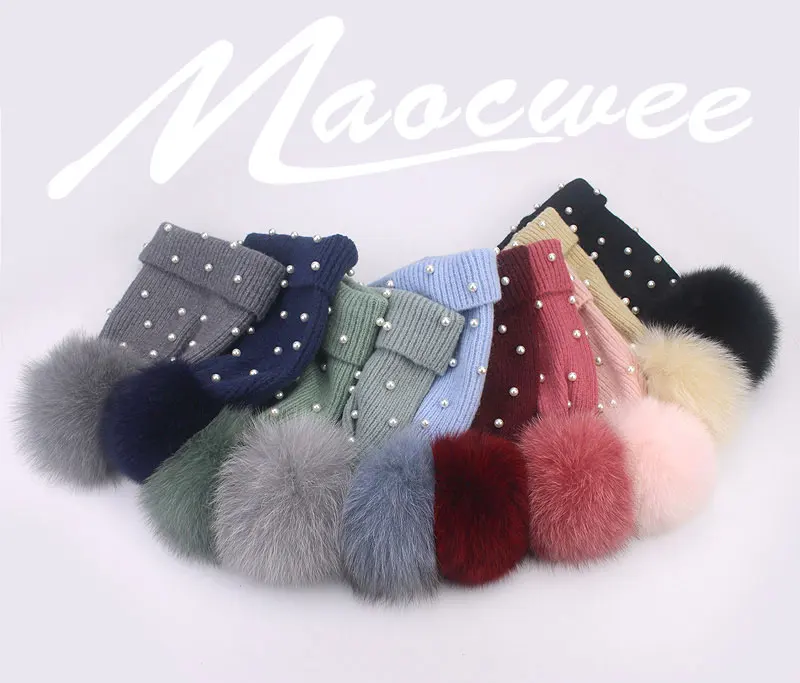 Pălărie din lână Pom-pom din blană de vulpe naturală Pălărie cu trusă de perle Fashio Căciulă de fete pentru femeie._voghion.com