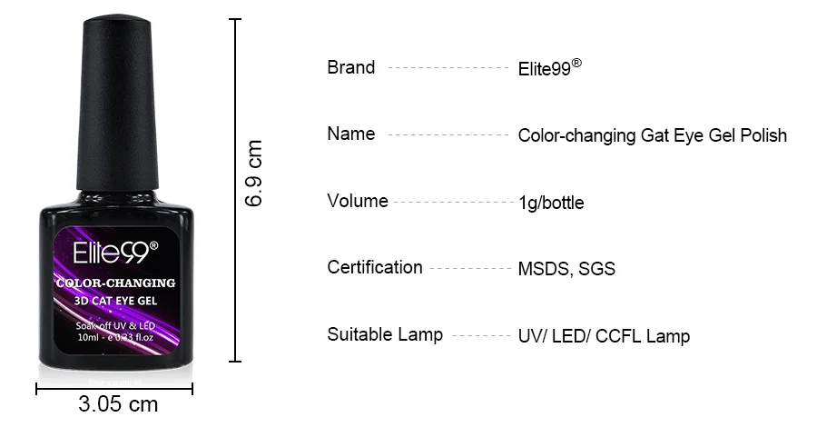 Elite99 10 мл Хамелеон Гель-лак «кошачий глаз» Полупостоянный Гибридный Магнитный УФ-гель для ногтей черная основа