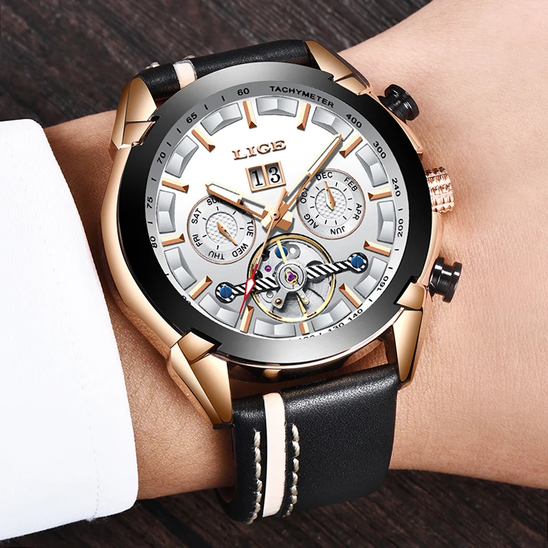 

2019 LIGE Sport Watches Men Top Brand Luxury Automatic Mechanical Watch Male Leather Waterproof Business Wristwatch Reloj Hombre