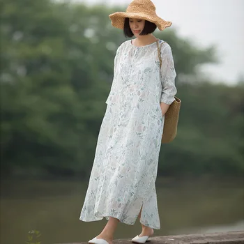 

SCUWLINEN Blusas Feminina 2020 Summer Vintage Print Half-sleeve Thin Loose Maxi Long 100% Ramie Shirt Plate Button Cardigan S534