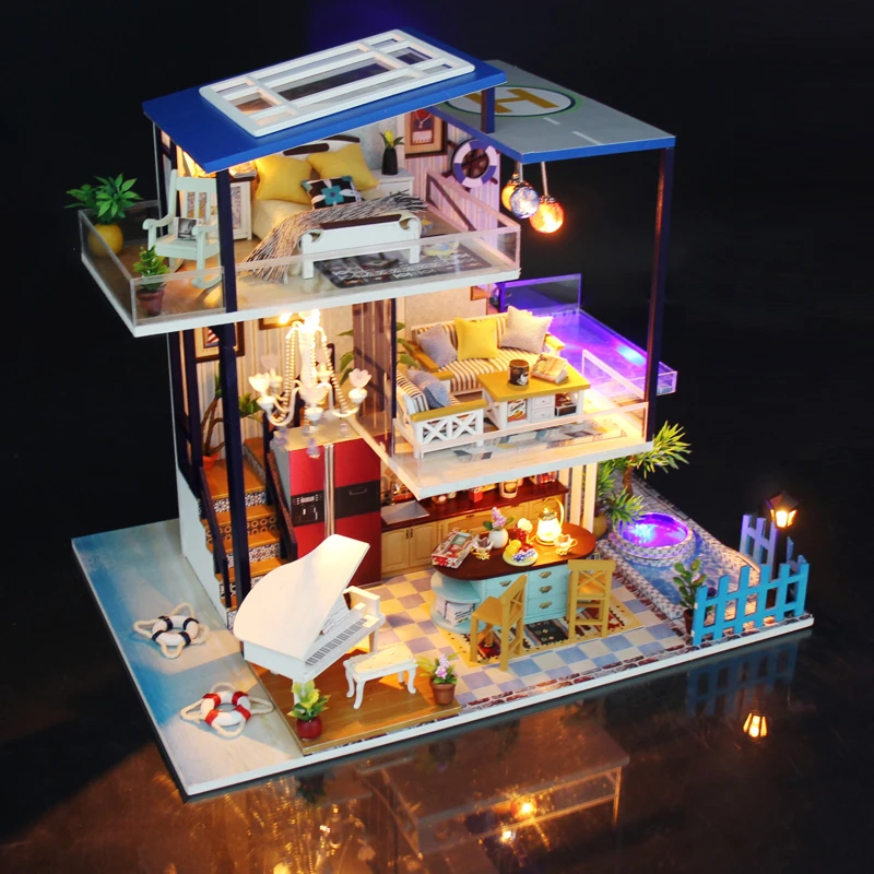 

DollHouse Miniature With Furnitures Wooden DIY Doll House Creative Handmade Villa Model Building Toy Blue Sea 13847 #D