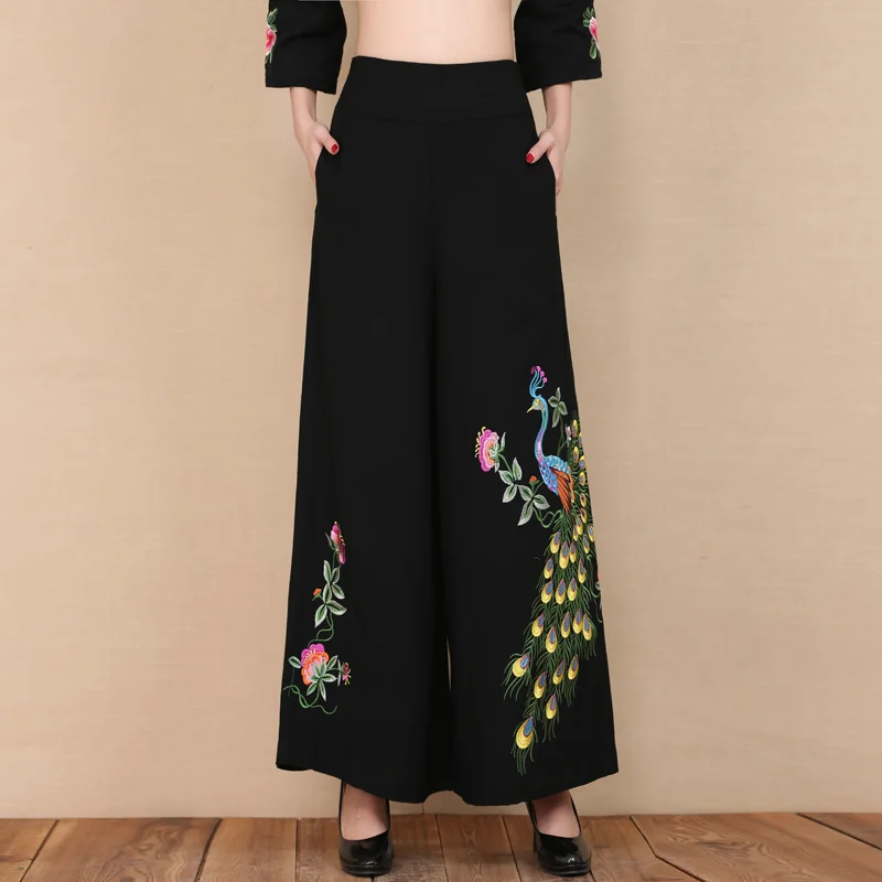 Wide leg pants for women plus size Embroidery cotton line capris casual elastic waist Peacock new fashion black trousers jnb0802 Wide leg pants for women plus size Embroidery cotton line capris casual elastic waist Peacock new fashion black trousers jnb0802