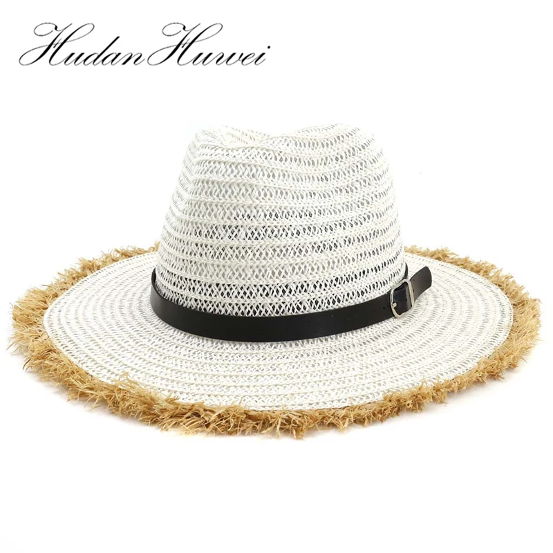 

Fashion Unisex Men Women Travel Jazz Caps Wide Furry Brim Summer Beach Cowboy Sun Fedora Panama Paper Straw Hat with Belt Buckle