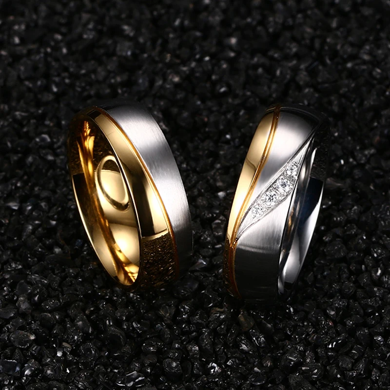 Romantic Wedding Rings For Lover Gold-Color Stainless Steel Couple Rings Crystals Anti-allergy Rings Engagement Party Jewelry