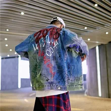 Мужские джинсовые куртки в стиле хип-хоп, уличная одежда, джинсы с рисунком «граффити», мужская куртка с буквенным принтом, свободные городские куртки и пальто с отложным воротником