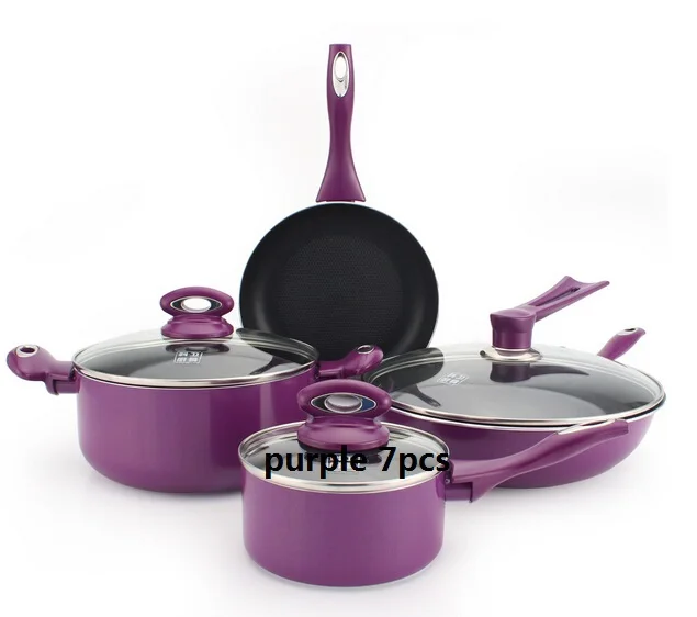 free shipping purple 7pcs cooking pots set aluminum cookware set