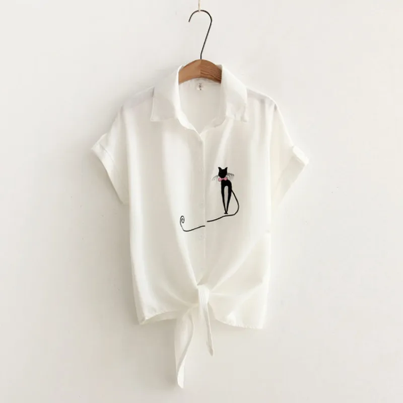 Nvyou gou белая блузка с цветочной вышивкой, Женский Топ в полоску с коротким рукавом, лето, Офисная Повседневная Свободная рубашка с отложным воротником