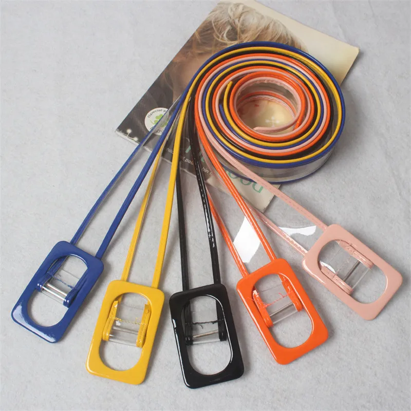

Women Waist Belt Resin Transparent Long Belt Dress Band Belt Rectangular Buckle Candy Colors Leather Strap
