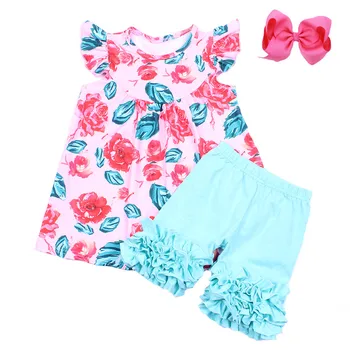 

Baby Girls Summer Hot Pink Floral Outfits Milk Silk Top Mint Cotton Ruffle Short Boutique Clothing Set Match Bow Wholesales
