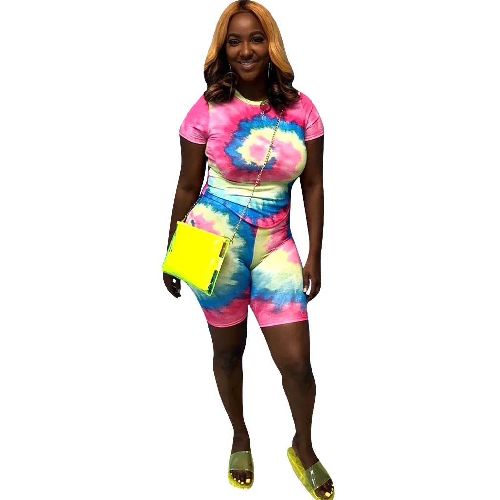 Tie Dye Print Two Piece Set Casual Short Sleeve Top And Biker Shorts