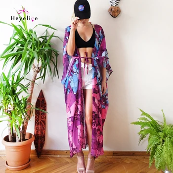 

Sexy Long Beach Dresses Printed Chiffon Bikinis Cover-Up Long Sleeves Dress New! Women Tunic Holiday Swimwear Cover Ups Sarongs