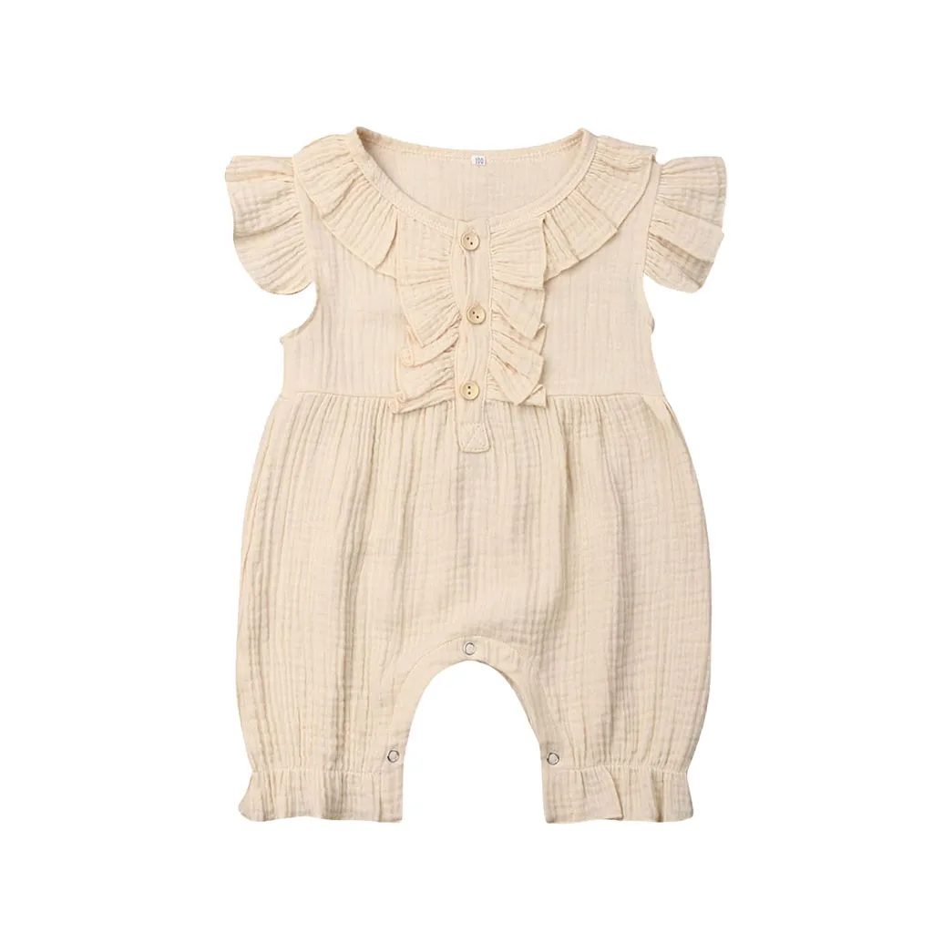 Summer Infant Baby Boys&Girls Fly Sleeve Ruffles Solid Romper Jumpsuit Clothes bebek tulum baby jumpsuit linen baby clothes - Цвет: Beige