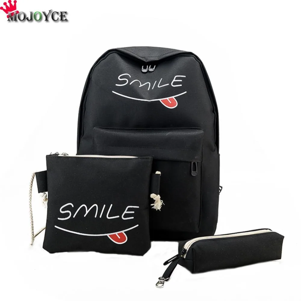 Summer Smile Women Canvas Smile Backpack Printing Students Bookbag 3 Pcs School Bag Set For Youth Girls With Purse Bear Mochila bookbags-for-girls