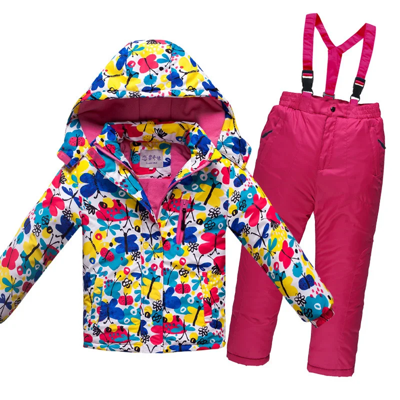 До-30 градусов, г. Комплект зимней одежды для детей, зимний комбинезон, Толстая теплая водонепроницаемая ветрозащитная одежда для мальчиков зимняя куртка для девочек, штаны, 2 шт - Цвет: Flower butterfly
