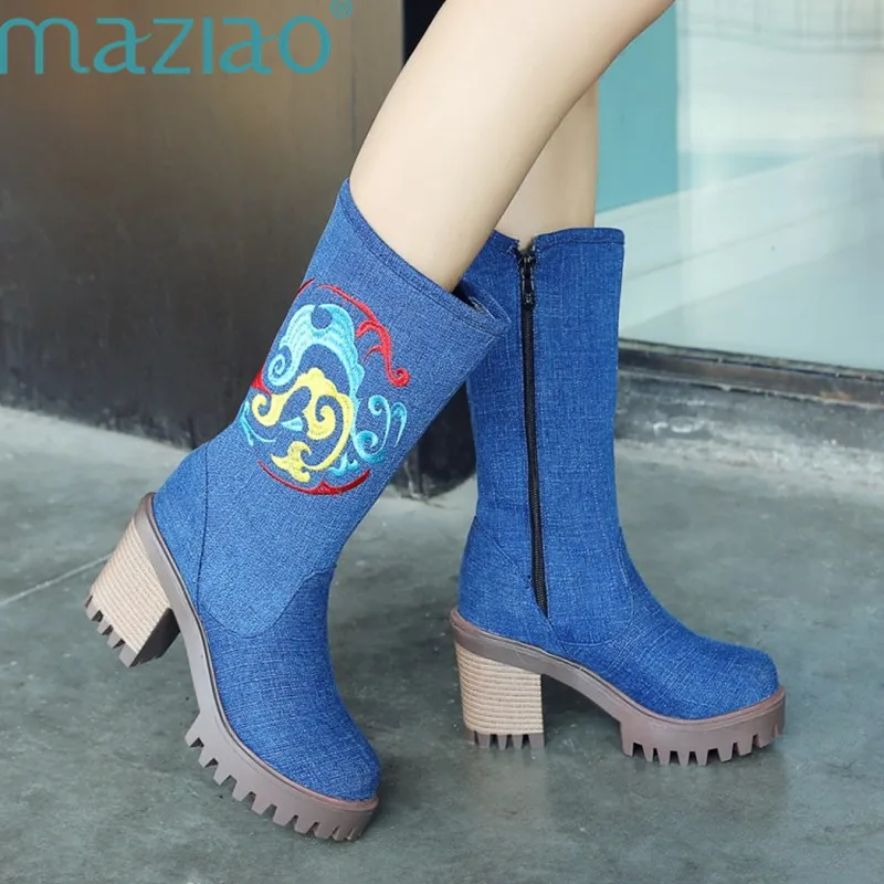 

Autumn Winter Women Shoes Vintage Embroidery Fashion Knee High Boots Women Thick Heel Denim Boots Female Side Size Zipper MAZIAO