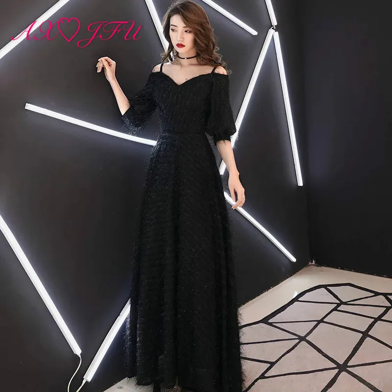 

AXJFU vintage princess black lace long evening dress party pink half sleeve host velvet evening dress little white evening dress