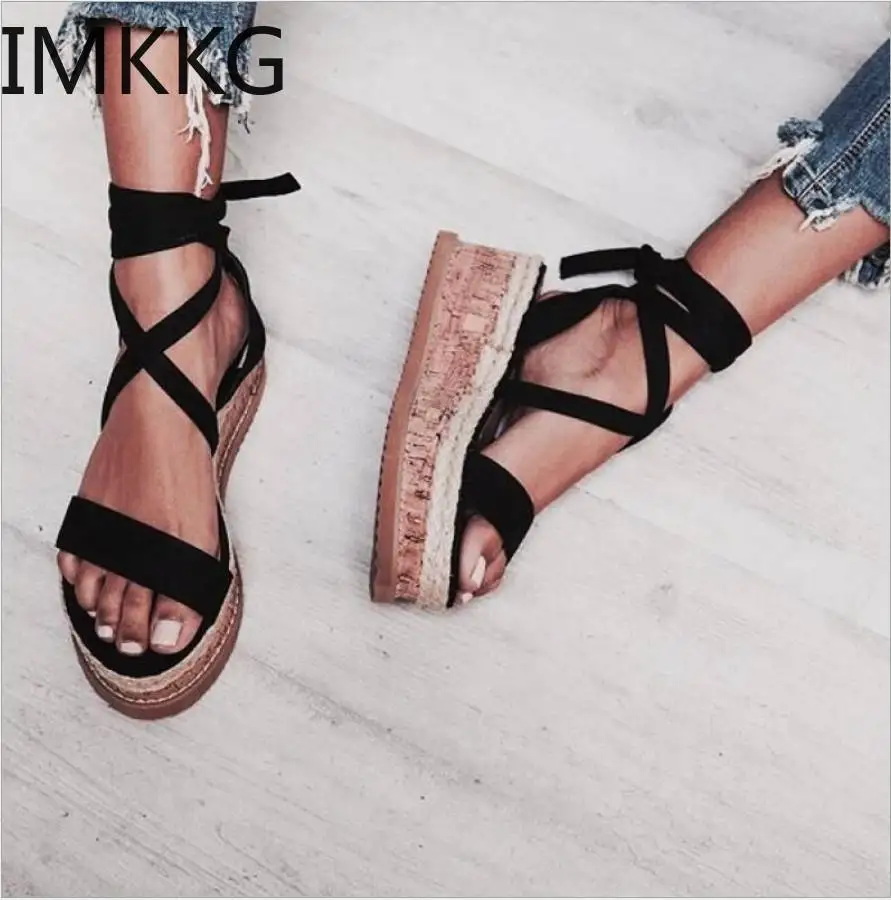 

zapatos mujer 2019 Summer White Wedge Women Gladiator Sandals Open Toe Women Casual Lace Up Women Platform Sandals A00202