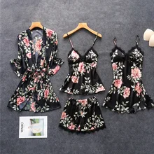 Black Womens 4PC Strap Top Pants Suit Pajamas Sleepwear Sets Spring Home Wear Nightwear Sexy Kimono Robe Bath Gown Bathrobe